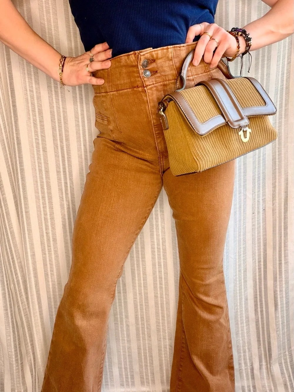 True Religion Brown Corduroy Horseshoe Flap Bag